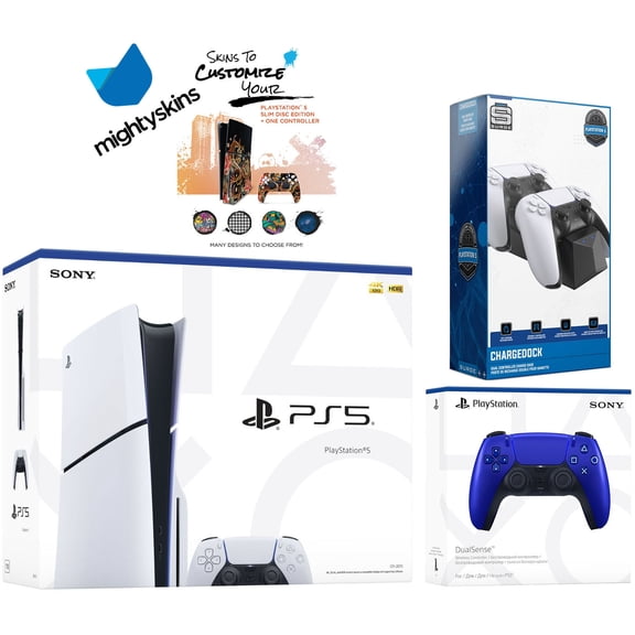 Sony PlayStation 5 Slim Disc with Extra Chroma Indigo Controller, Dual Charging Dock and MightySkins Decal Voucher