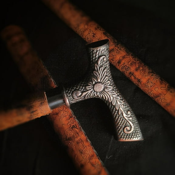 Hand-Carved Wooden Walking Stick with Antique Copper Floral Handle | Vintage Designer Cane