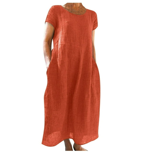 CHOK Robe en Lin Décontractée à Manches Courtes et Col Rond pour Femmes, Couleur Unie, Coton et Lin, Robe d'Été 2024 avec Poches, Gris, TG