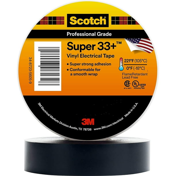 Cinta aislante 3M Scotch Super 33+ 3/4 pulgadas x 20 pies, negra, paquete de 10