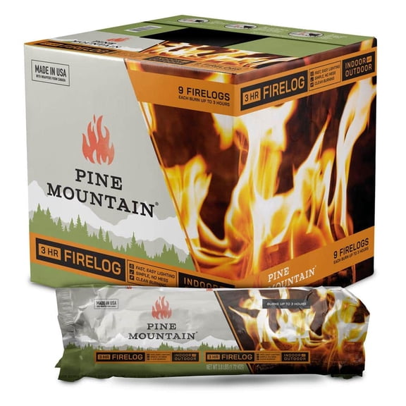Pine Mountain Traditional 3-Hour Firelogs, Long Burning Firelog for Fireplace, Campfire, Fire Pit, Indoor and Outdoor Use (9-Pack)
