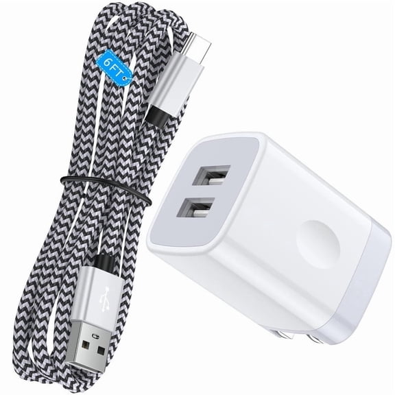 Foldable Plug Dual USB Port Wall Charger Block 2.4A with 6FT Type C Cable, Fast Phone Charger Station Compatible with iPhone 17/16/15 Pro Max, iPad Pro, Galaxy S26, Android, White