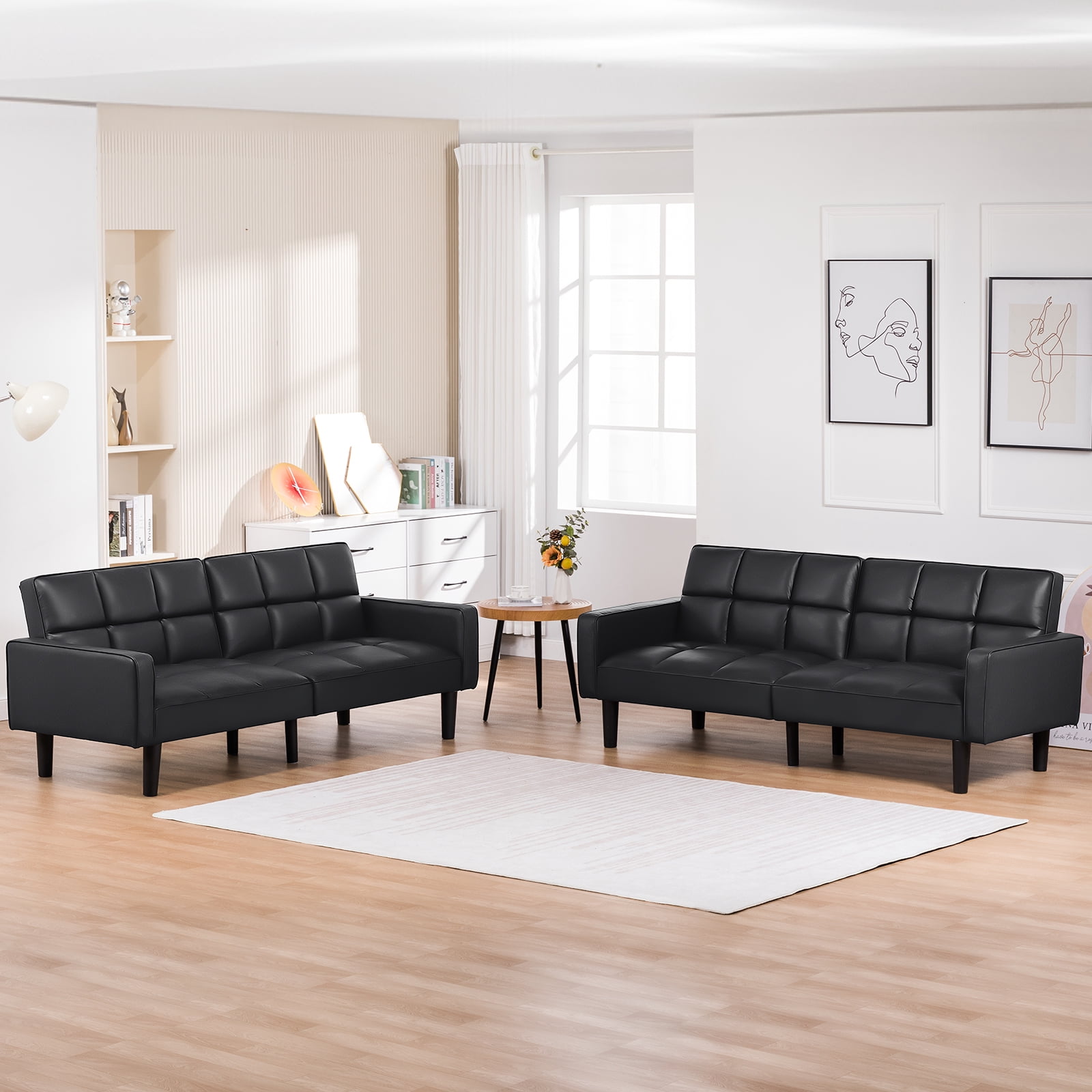 COMHOMA 76" Futon Sofa Bed PU Convertible Sofa with Adjustable Backrest Folding Sleeper Sofa,Black
