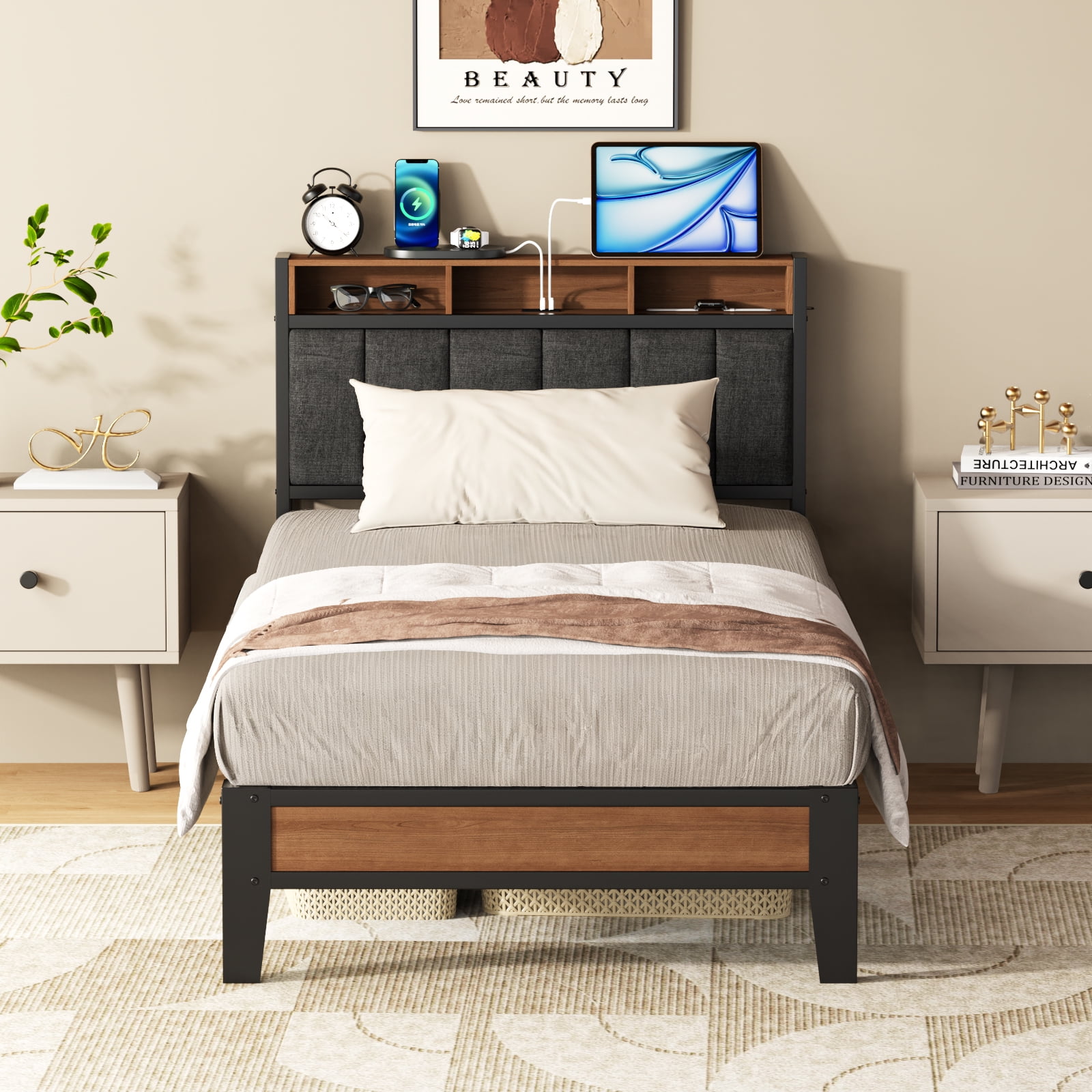 Lusimo Bed Frame Twin XL, Metal Platform Bed Frame with Fabric Upholstered Headboard and Charging Station No Box Spring Needed Easy Assembly, Gray