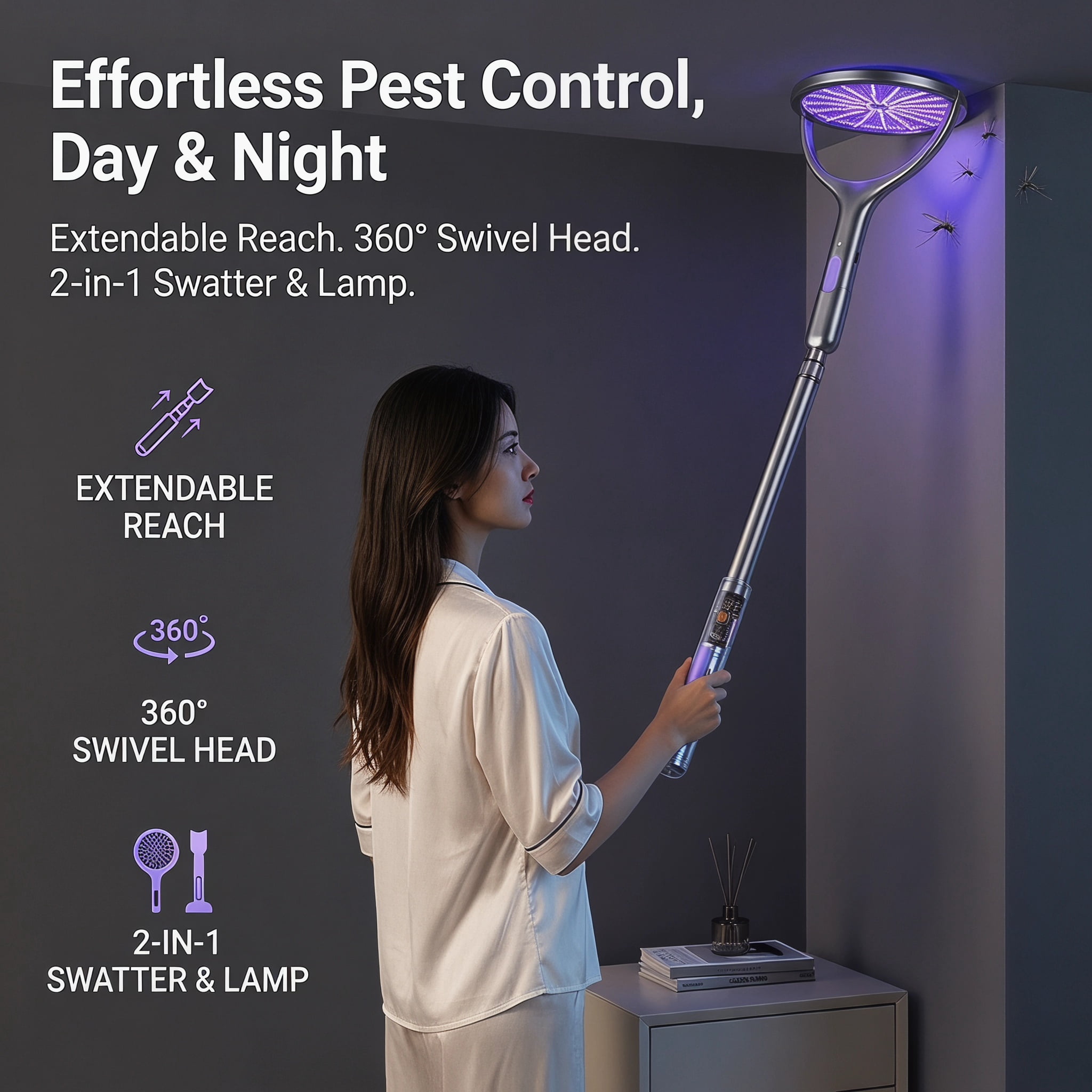 Rechargeable Electric Fly Swatter with Extendable Handle, 2-in-1 Electric Mosquito Swatter Bug Zapper, Portable Insect Killer for Home Garden Outdoor