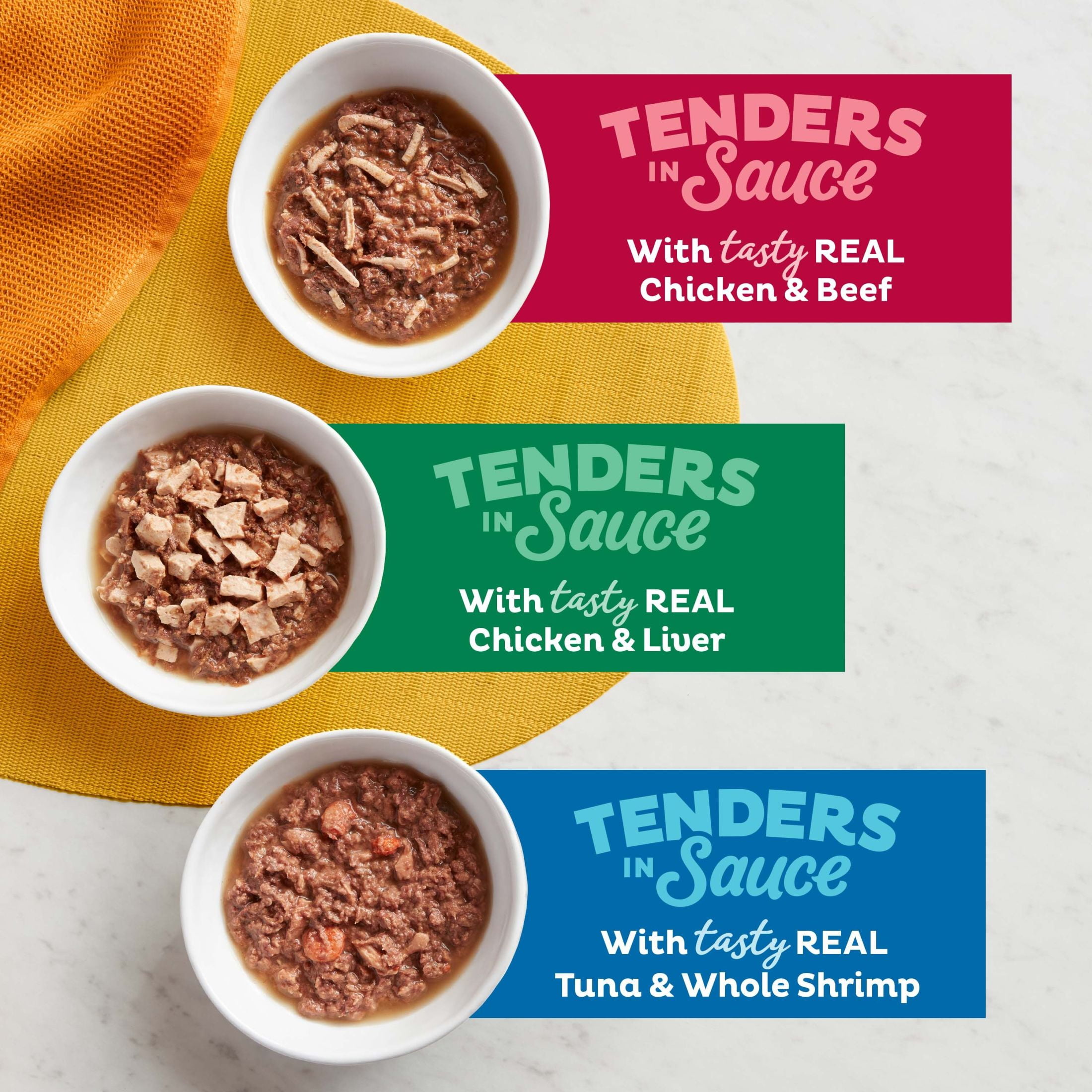 Meow Mix Tenders in Sauce, Surf N′ Turf Favorites Variety Pack, Wet Cat Food, 2.75 oz Cup, 12 Pack