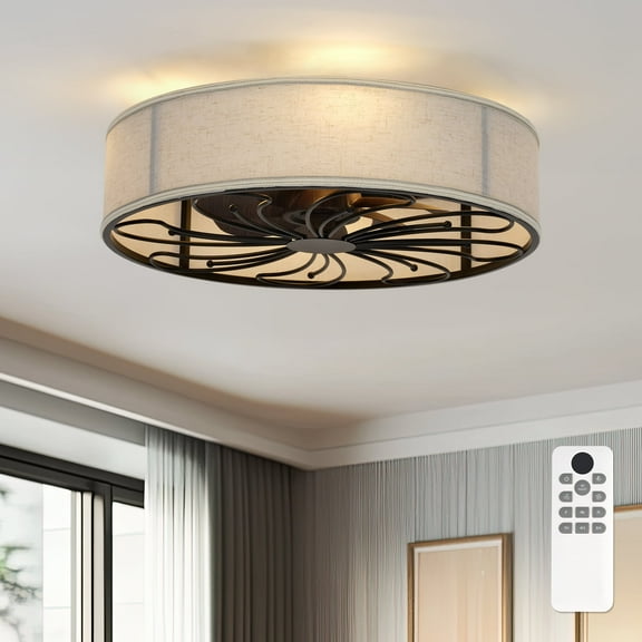 Ltmate 20-Inch Indoor Black Low Profile Ceiling Fan with Linen Light Shade, 100-240V