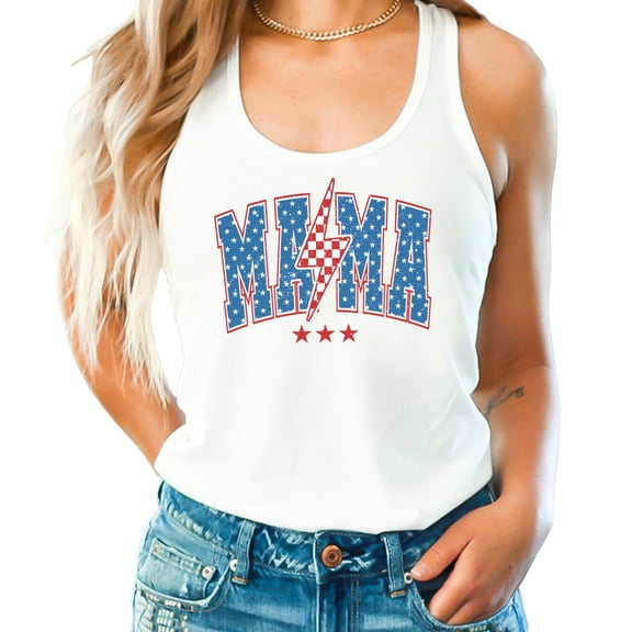 American Mama Lightning Bolt Tank Top for Women Red White and Blue Patriotic Short Sleeve Mom Shirt White Tank Top Medium