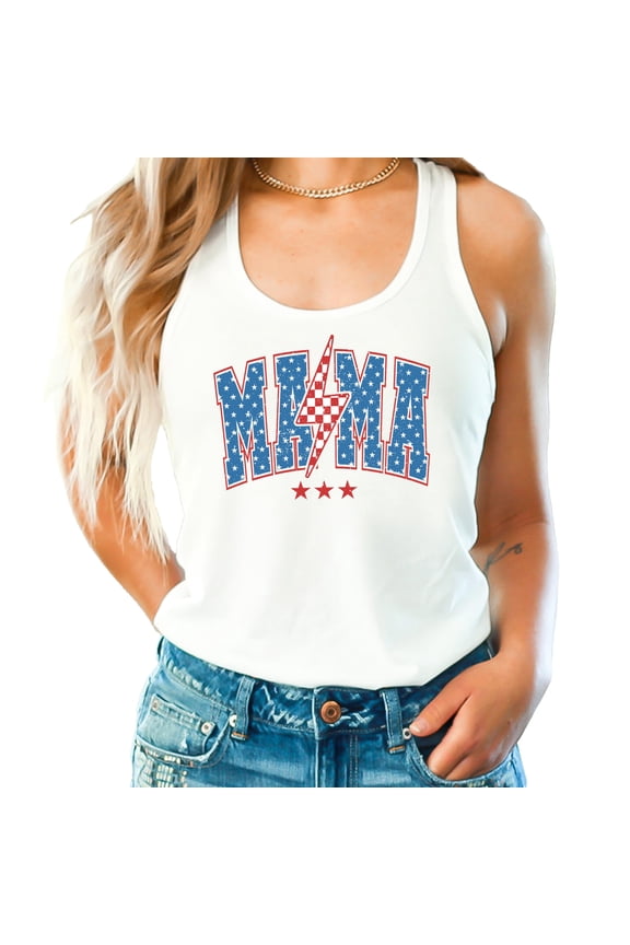American Mama Lightning Bolt Tank Top for Women Red White and Blue Patriotic Short Sleeve Mom Shirt White Tank Top Small