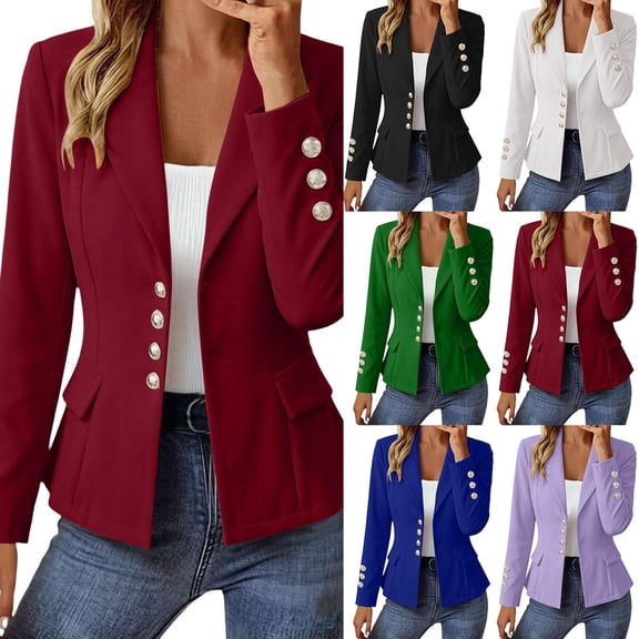 JGGSPWM Women Long Sleeve Blazer Suit Office Work Casual Open Front Turndow Collar Pocket Lightweight Jacket with Decorative Gold Buttons Red XL