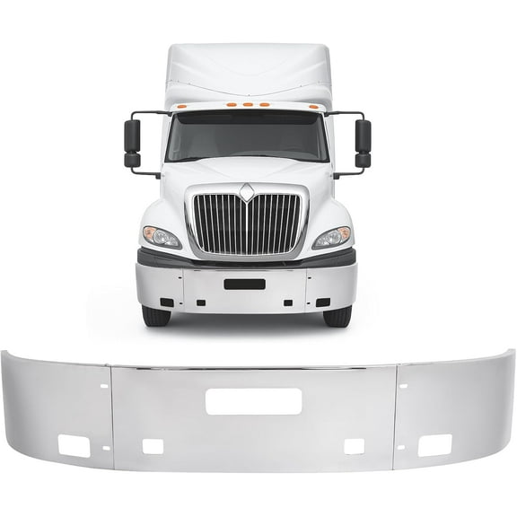 Kojem Front Bumper w/Brackets for Thru 2018 International ProStar & LT/LT 625 & RH Bumper w/Vent Cut-out, Fog Light Cut-out, Tow Hook Cut-out Steel Chrome Silvery