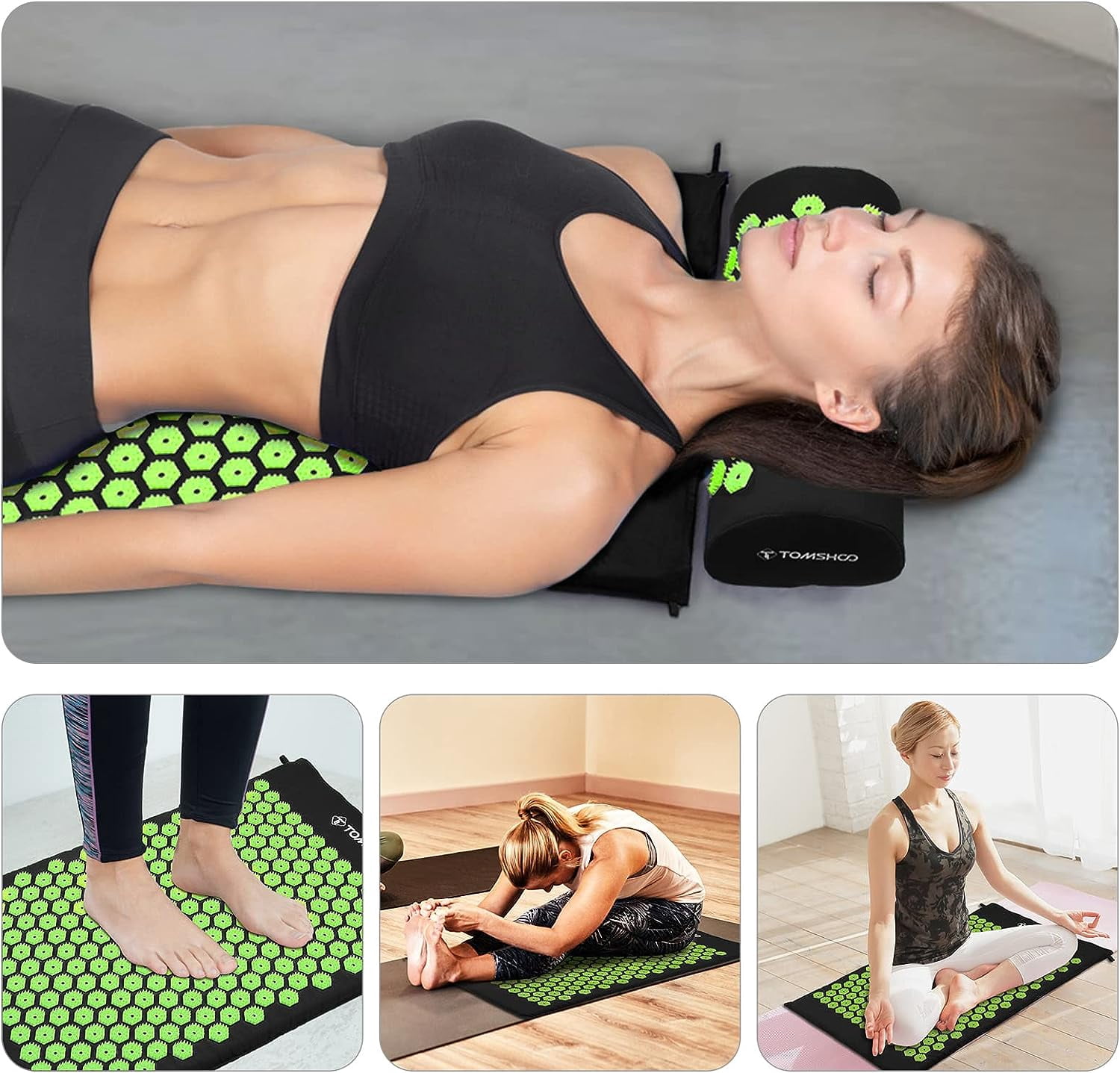 TOMSHOO Acupressure Mat and Pillow Set with 2pcs Massage Balls for Back / Neck Pain Relief and Muscle Relaxation 27'' x 17''(Black)