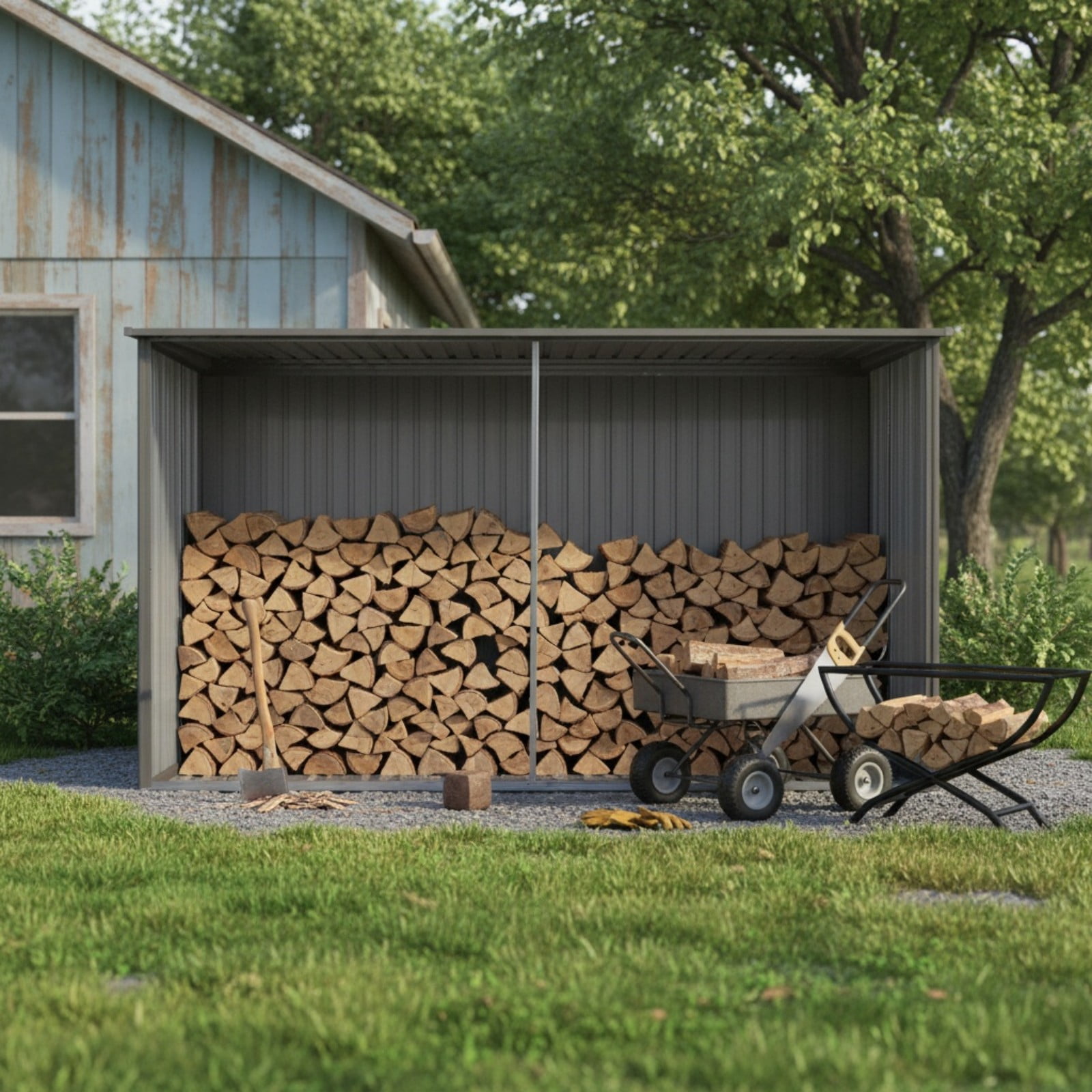 Alvantor Outdoor Storage Shed Metal & Firewood Shed Dual Function,14x12ft,Grey