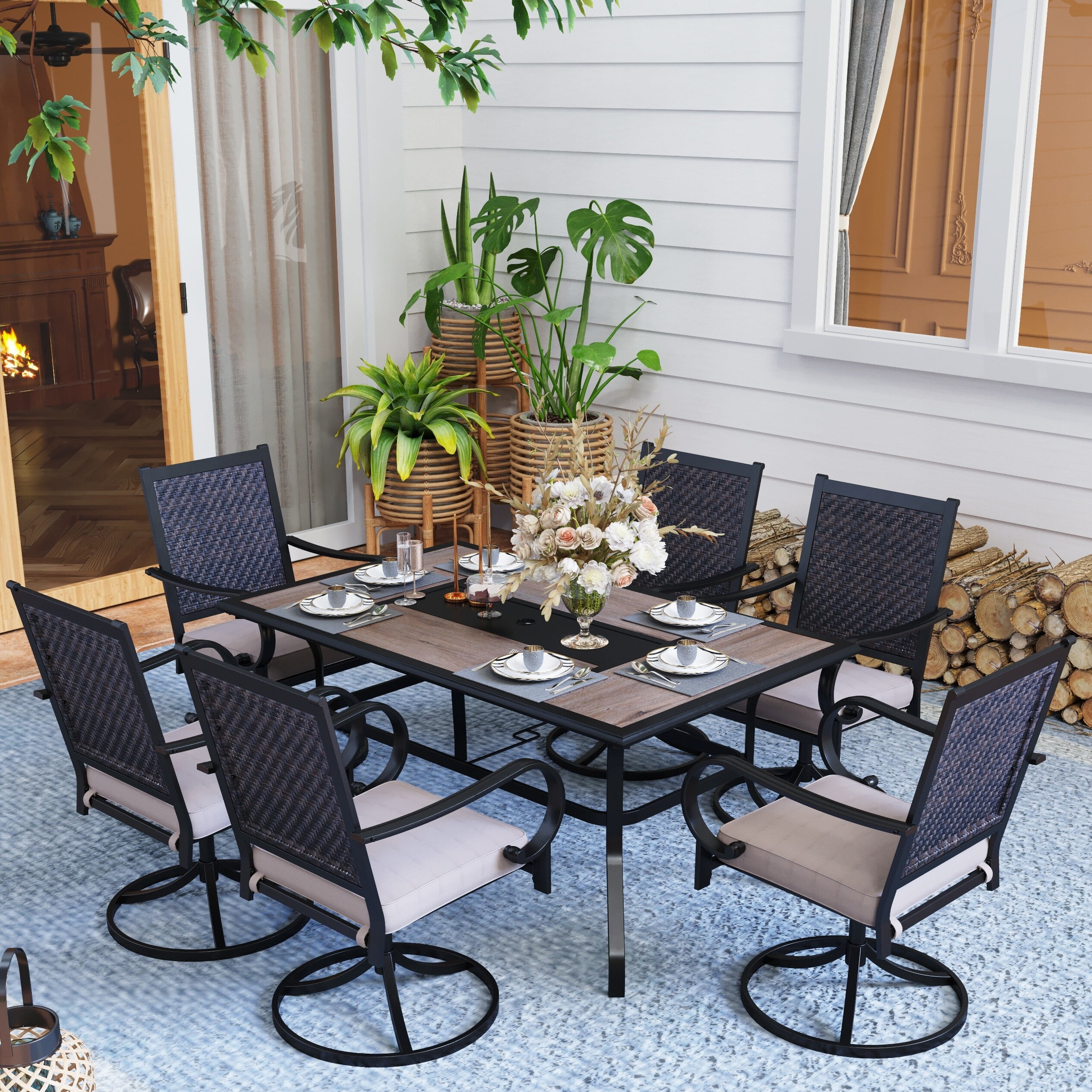 7piece Patio Dining Set, 6 Rattan Swivel Chairs with Cushion and 1