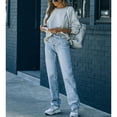 thumbnail image 2 of Women Trousers Elastic Long Leg Pants Straight Crossover Button Trousers Light Blue Pants Normal L, 2 of 7