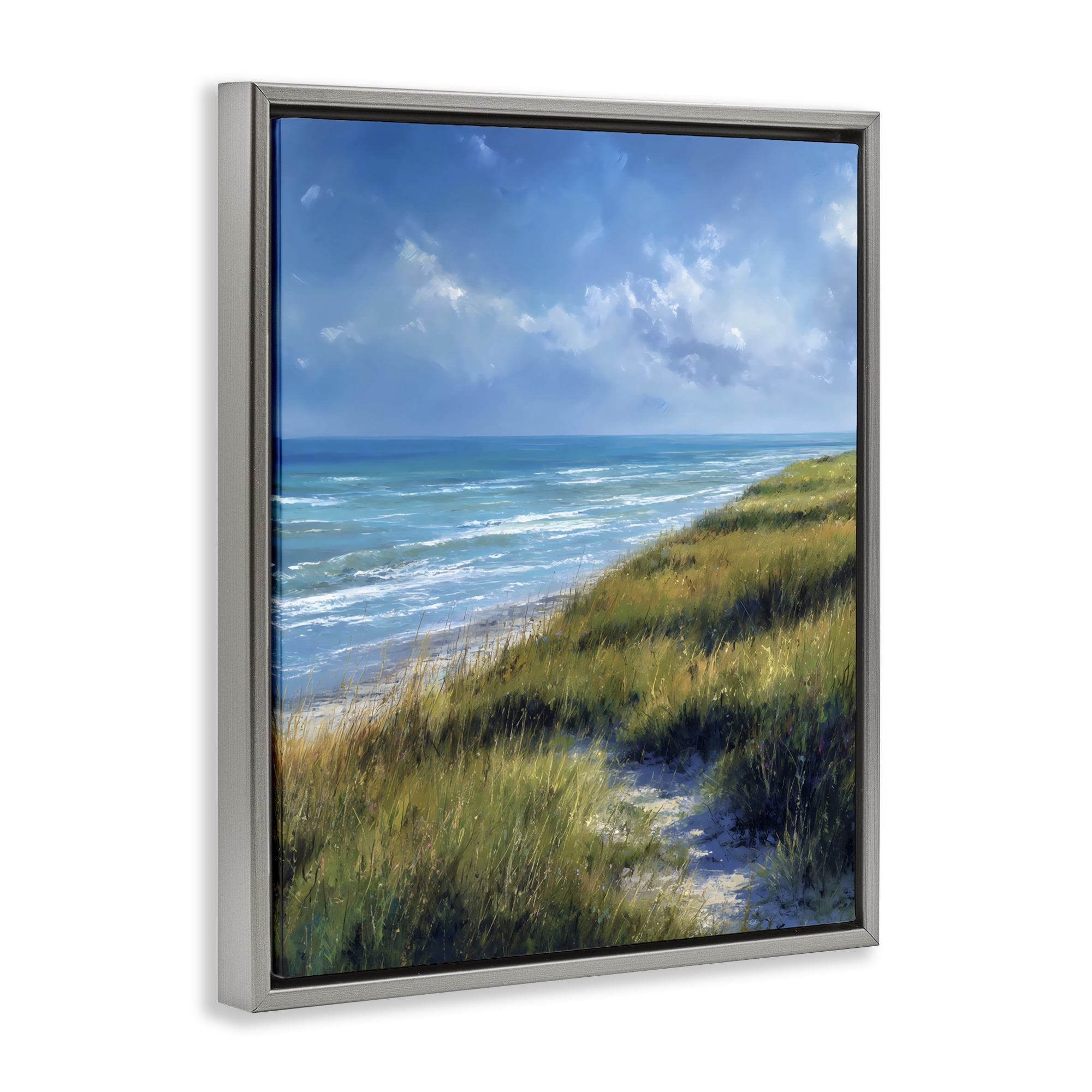 Stupell Industries Coastal Grass & Rolling Waves Gray Framed Floater Canvas Wall Art, design by Franklyn Gregory