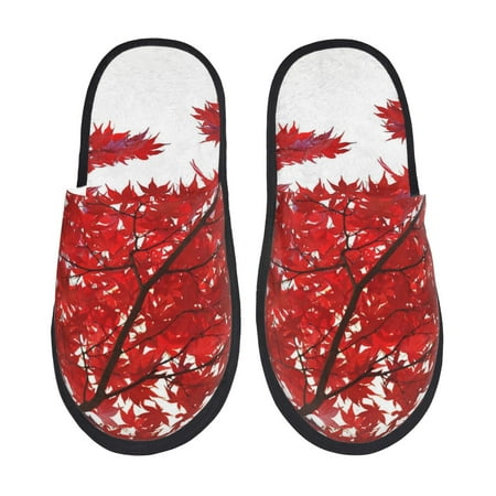 Balery Red Maple Leaf Slient Indoor Furry Fleece Comfort House Shoes Soft Non-Slip Home Shoes Cotton slippers House Slippers-- Large