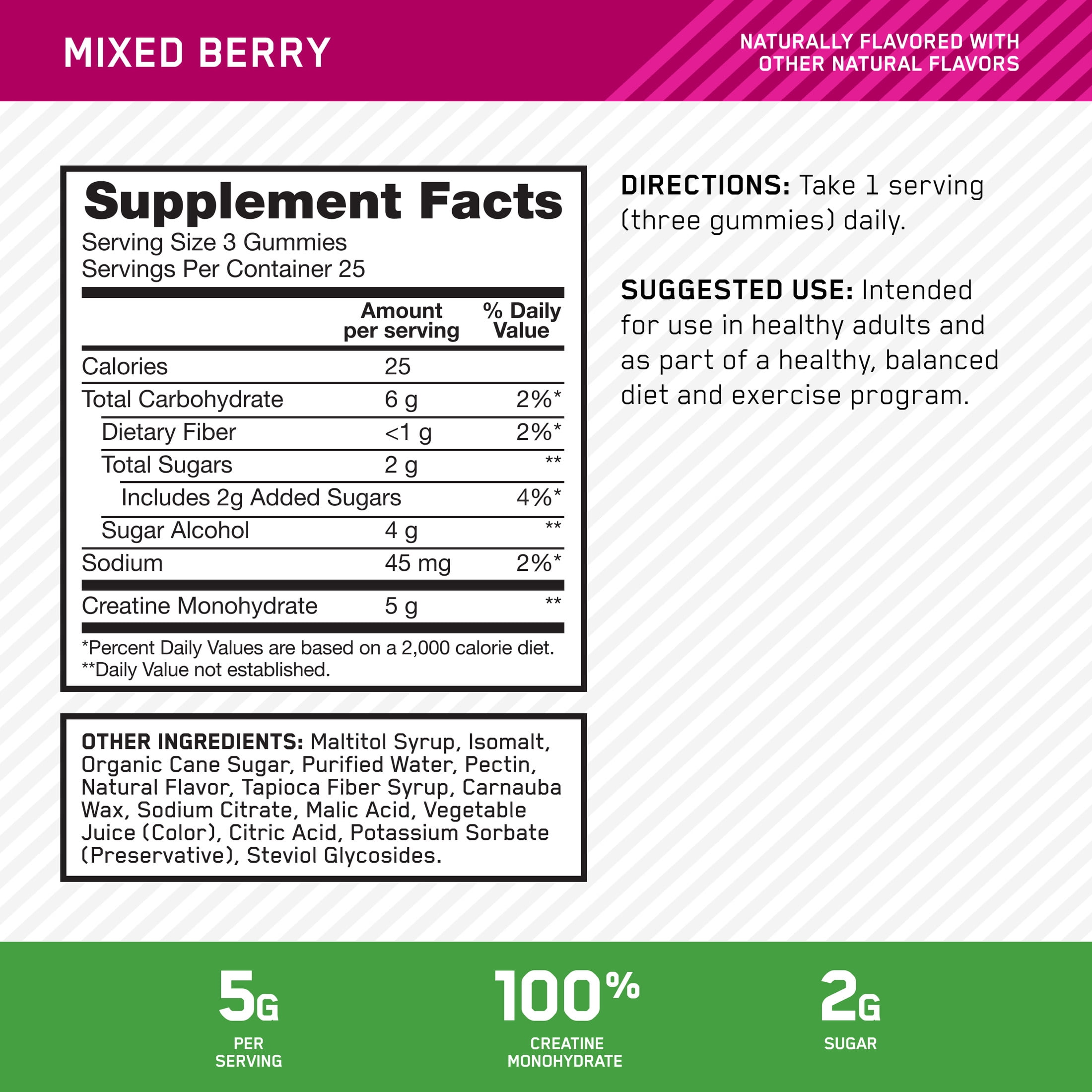 Optimum Nutrition Creatine Monohydrate Gummies, Mixed Berry, 75 Count