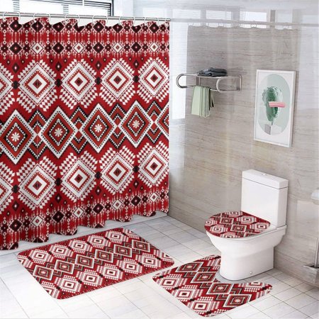 Vodetik Store Boho Shower Curtain Set with Rugs 4Pcs,Non-Slip Bath Mat,U Shape Mat and Toilet Lid Cover Mat