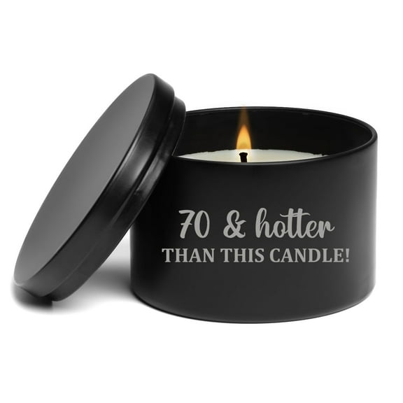 Scented Candle Gift 8oz with Lid 70 & Hotter Than This Candle Funny 70th Birthday for Her (Vanilla - Black)