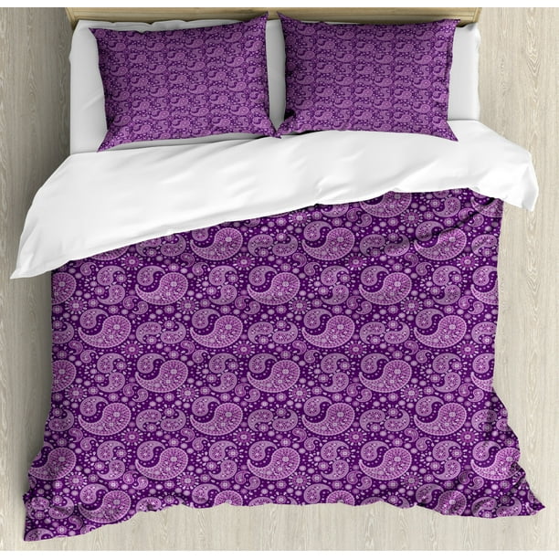 Purple Paisley Duvet Cover Set, Monochrome Design Graphic with Floral