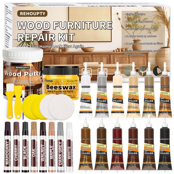 REHOUPTY Laminate Floor Repair Kit, All-in-One Wood Furniture Repair Kit - Wood Putty, 12 Colour Wood Filler, 8 Colour Furniture Markers and Beeswax,