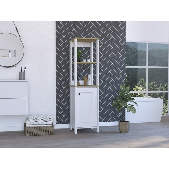 Miekor Furniture Linen Cabinet Jannes, Two Open Shelves, Single Door, Light Oak / White Finish 122959