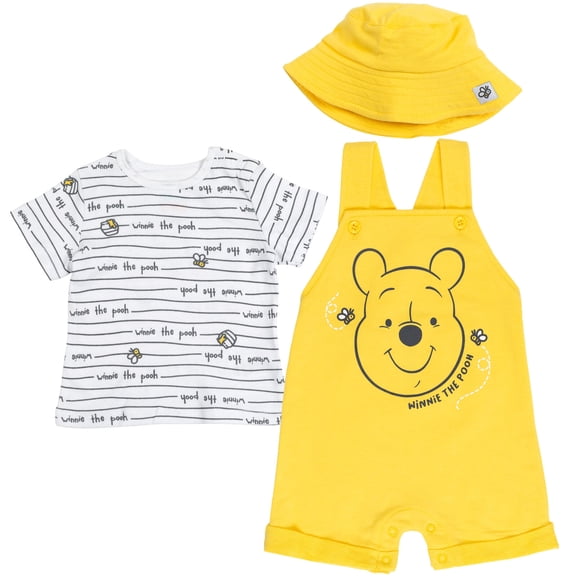 Disney Winnie the Pooh French Terry Short Overalls T-Shirt and Hat, 3-Piece Set
