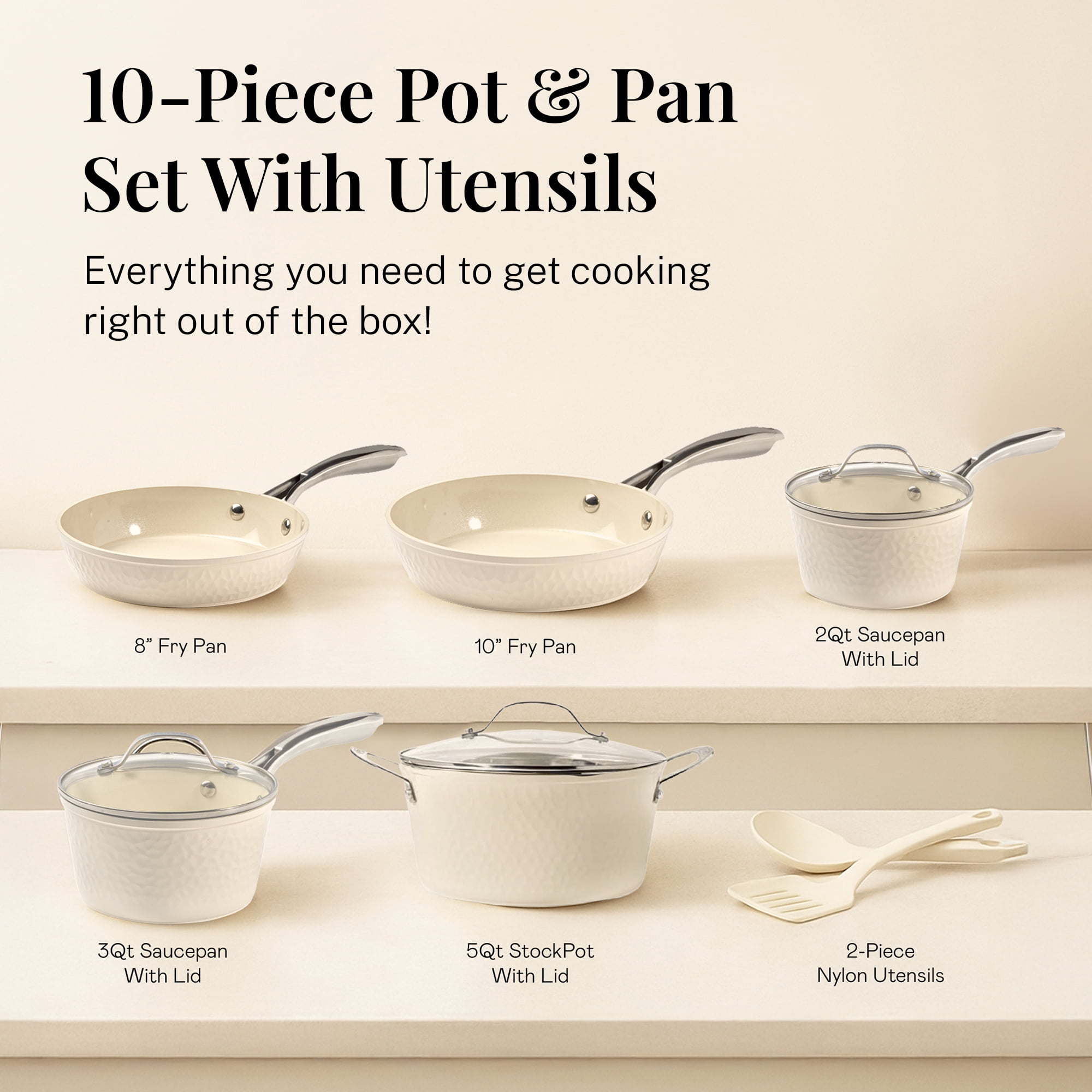 Gotham Steel Diamond Hammered Nonstick Pots and Pans 10 Piece Ceramic Kitchen Cookware Set Cream