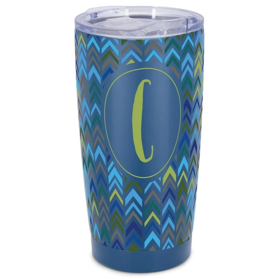 Elanze Designs C Monogram Herringbone Arrows Wrap-Around Design 20 Ounce Stainless Steel On-The-Go Coffee Mug, Thermal Travel Tumbler with Leak Resistant Slide Lid, Navy Blue