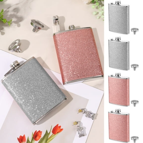 4PCS Portable Stainless Steel Pocket Flask with Funnel for Whiskey Leak Proof Glitter Bling Flask 8OZ Hip Wine Kettle for Camping