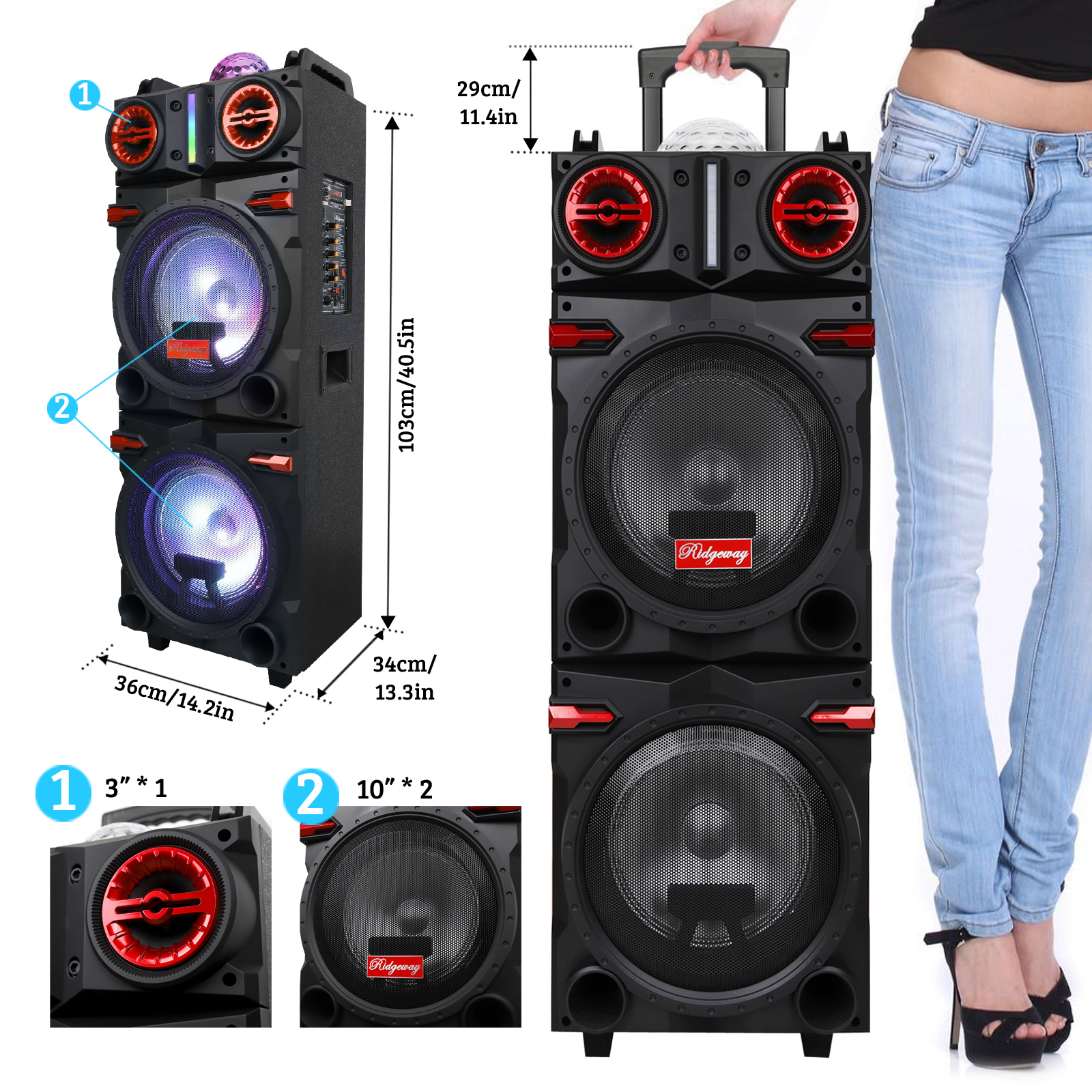 Lohoms Portable Wireless Speaker, Dual 10" Subwoofer & 1" tweeter Trolley Bluetooth Speaker W/ Microphone Heavy Bass Stereo Woofer Party Sound PA System, AUX, FM, Remote, LED Light, 40.5" H