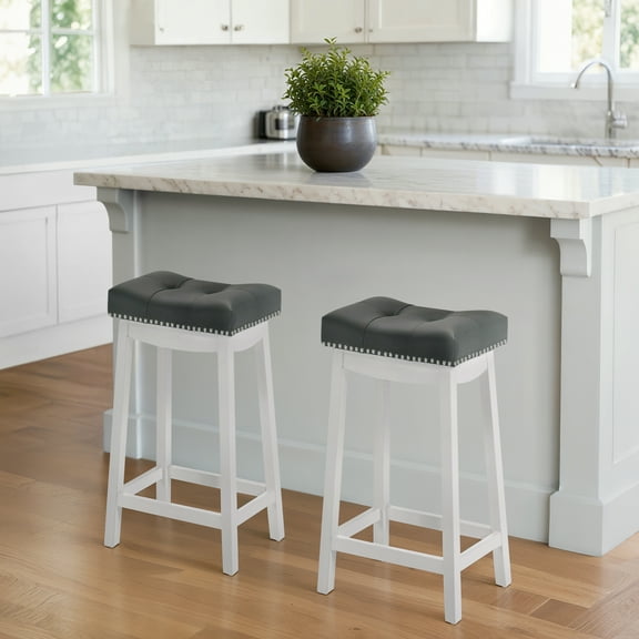 24" White Bar Stools with Gray faux leather cushion (Set of 2)