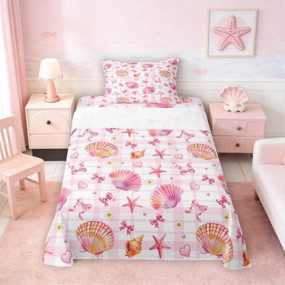 Manfei Cartoon Pink White Seashell Starfish Bow Heart Twin Sheet Sets for Kids Girls, Sea Animal Bedding 3 Pieces, 1 Flat Sheet, 1 Fitted Sheet and 1 Pillowcase
