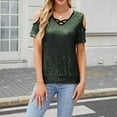 thumbnail image 4 of Sequin Tops for Women Summer Cold Shoulder Short Sleeve Blouses Cross V Neck Color Block Dressy Casual Shirts (M, Green), 4 of 7
