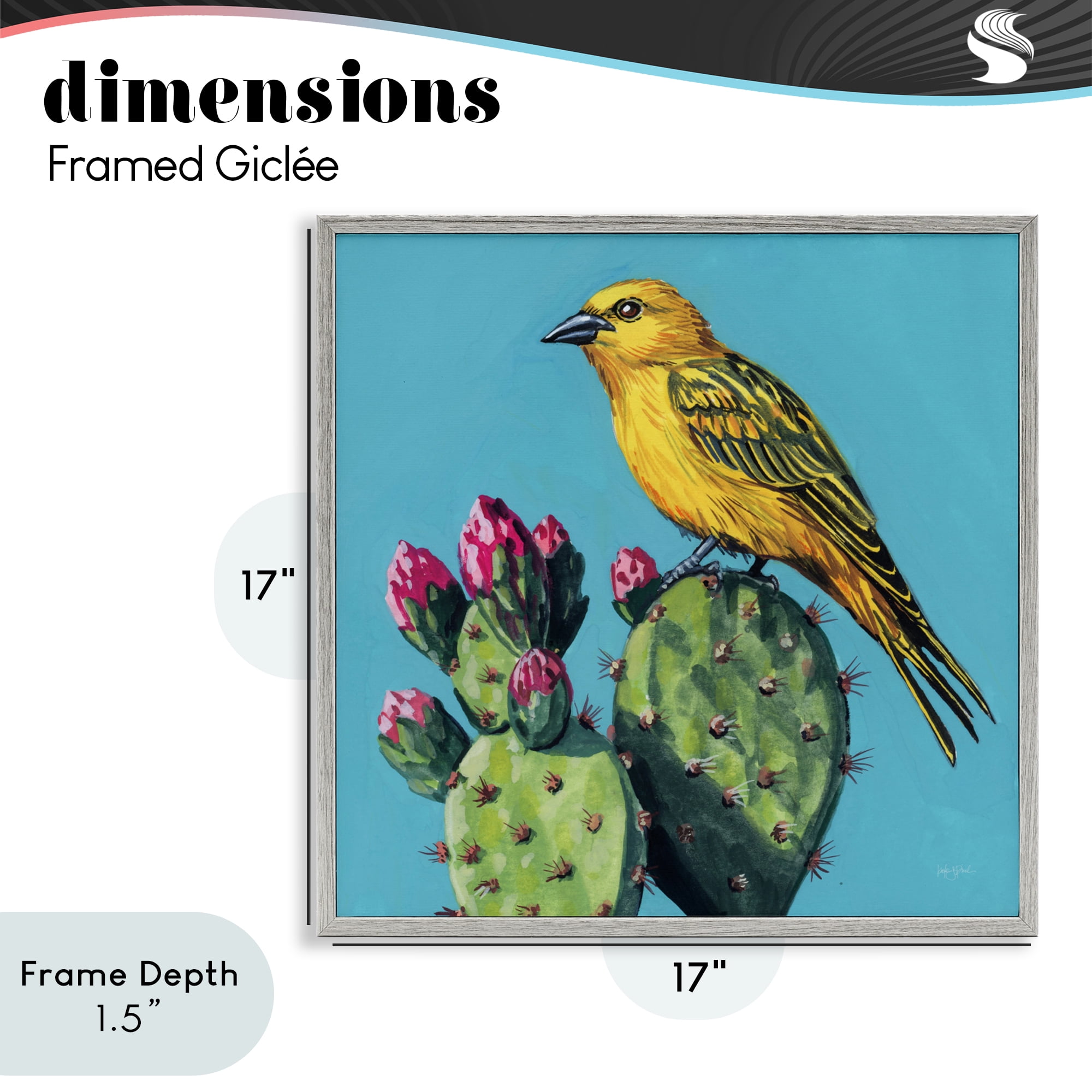 Stupell Industries Yellow Bird on Cacti Bloom Gray Framed Giclee Art, design by Kate Jarvik Birch