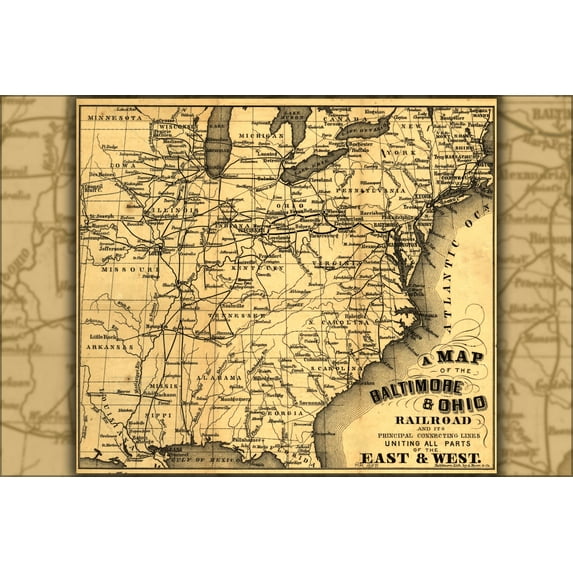 24"x36" Gallery Poster, Map of Baltimore & Ohio Railroad 1860