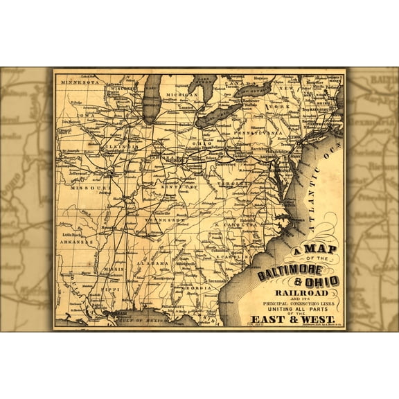 24"x36" Gallery Poster, Map of Baltimore & Ohio Railroad 1860