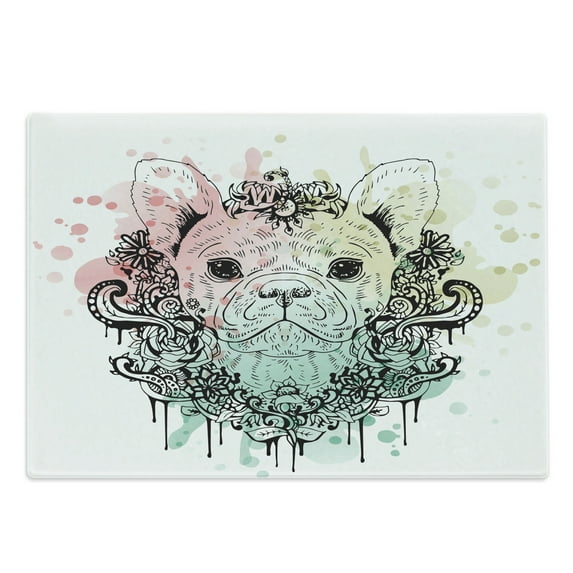 Animal Cutting Board, French Bulldog with Floral Wreath on Brushstroke Watercolor Print, Decorative Tempered Glass Cutting and Serving Board, Large Size, Pale Green Pale Pink, by Ambesonne