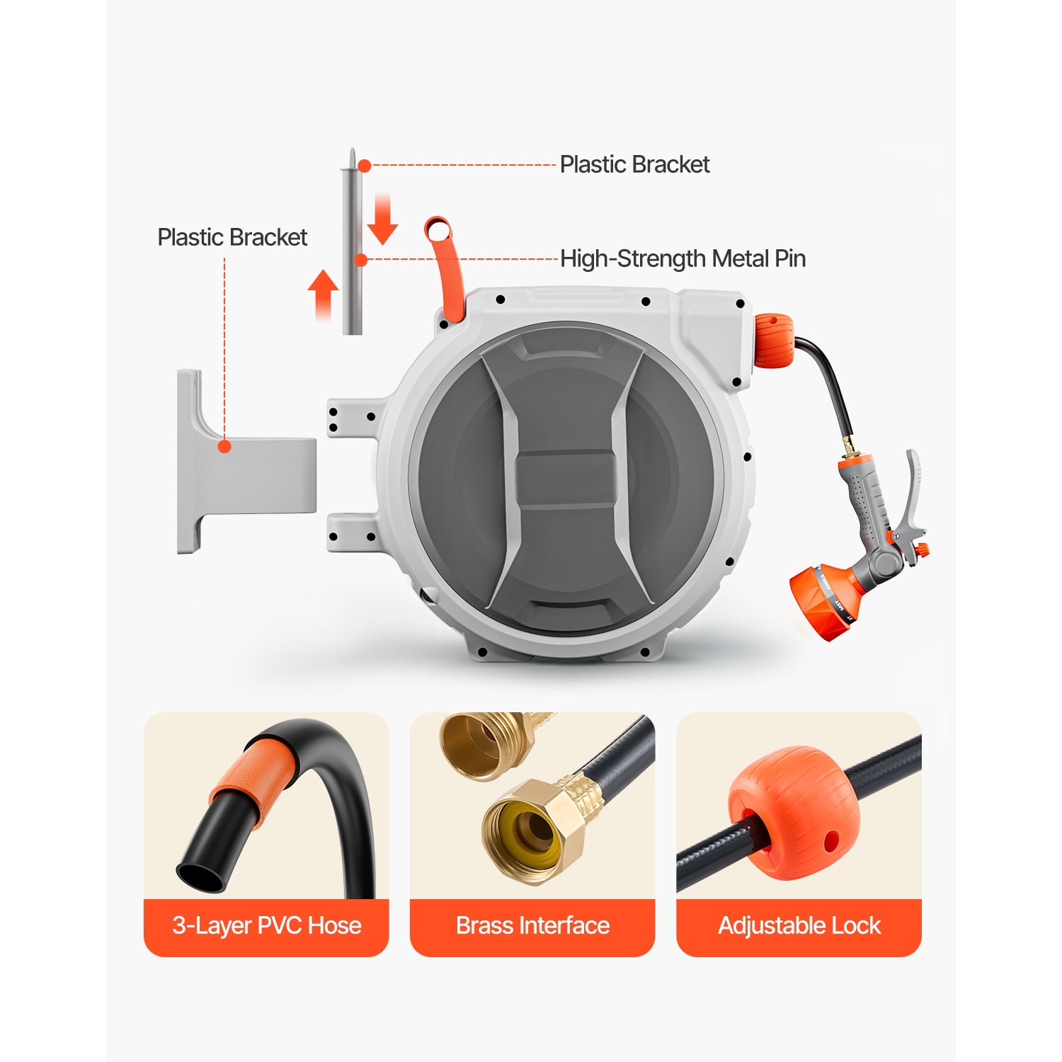 KFFKFF Retractable Hose Reel 84ft x 1/2in, Wall-Mounted Garden Hose Reel with 9-Function Nozzle, Lawn Watering Hose Reel 180° Swivel Bracket, Adjustable Length Lock, Upgraded Slow Return System