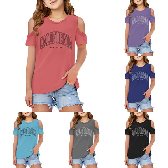 Children Tween Girls Short Sleeve Cold Shoulder T Shirts Tween Summer Oversized Tops Casual Crewneck Basic Tees 5 Days of Summer Shirt 11-12 Years