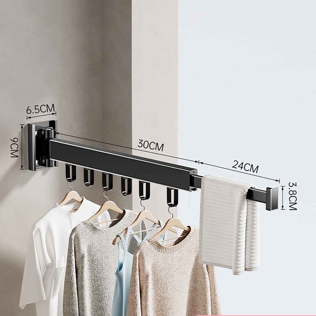 Meitianfacai Folding Clothes Drying Rack for Laundry, Retractable & Collapsible Wall Mounted Clothes Hanger Rack,Durable Heavy Black Clothes Hanger Rack