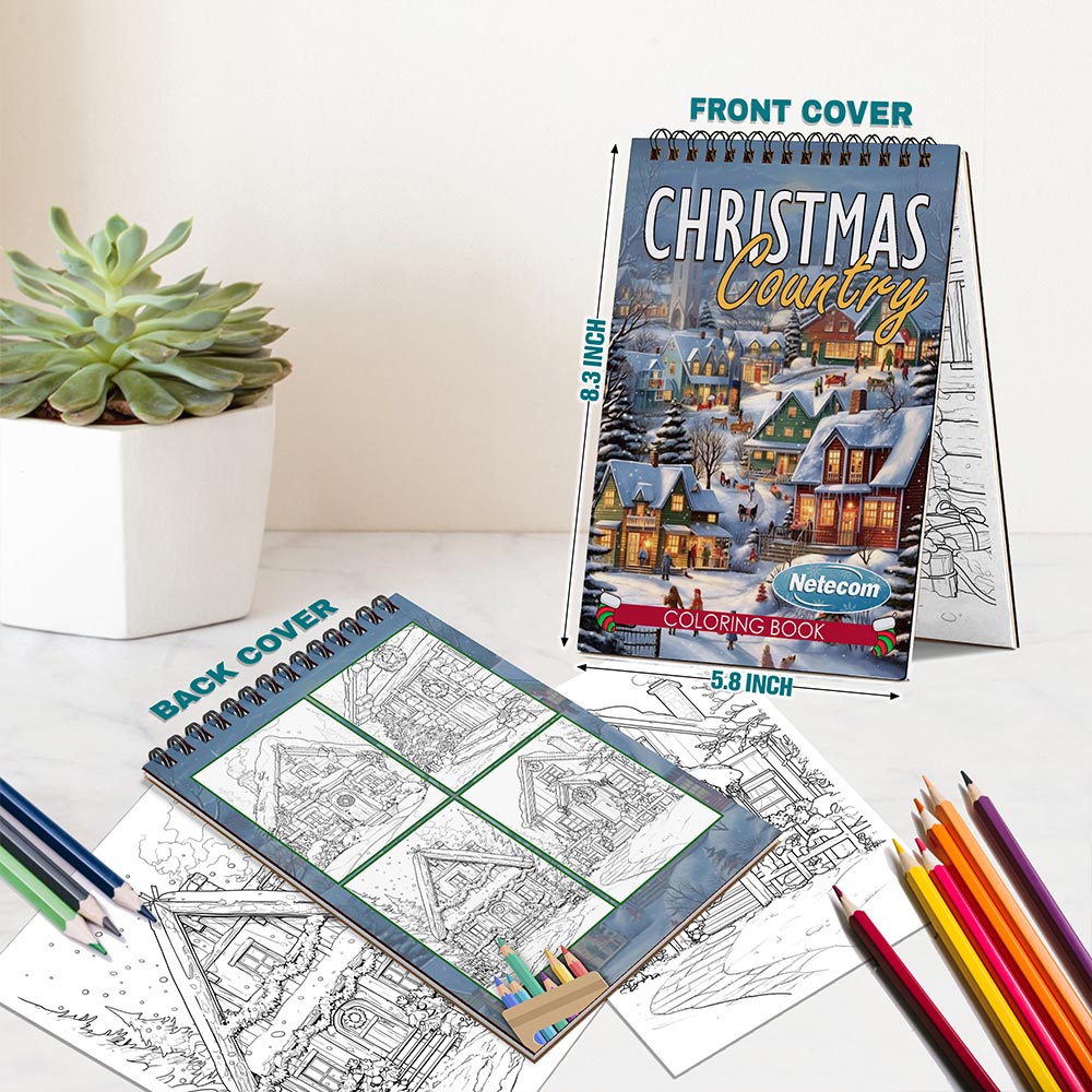 Netecom Country Christmas Coloring Book Spiral Bound for Adults, A5 Wooden Cover, 30 Charming Coloring Pages of Winter Day for Stress Relief and Relaxation