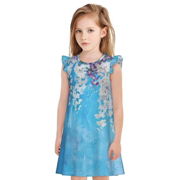 Balery Hanging Orchids Floral Blue Camisón de princesa para niñas, pijama de algodón con mangas abullonadas, suave y bonito.-Large