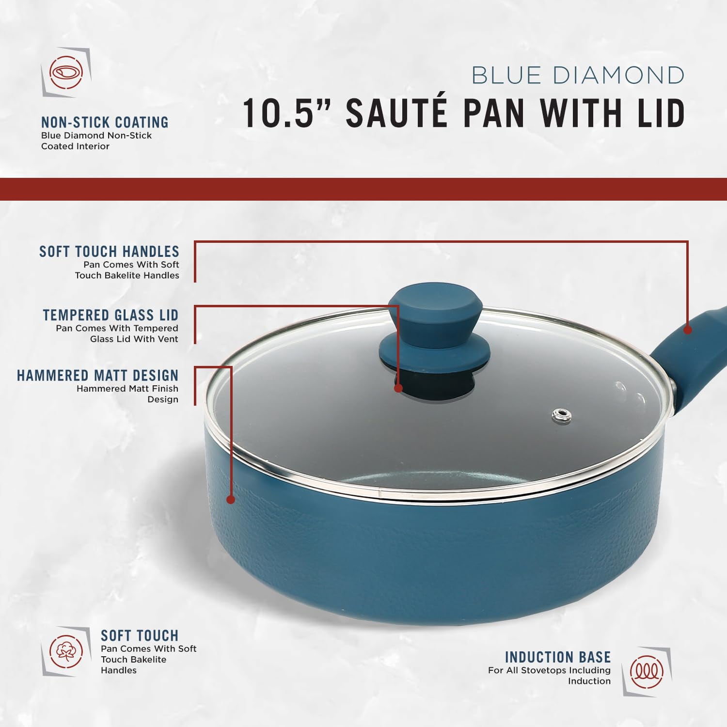 PRIME CUISINE 10.5" Saute Pan with Lid, Non-Stick Blue Diamond Coating, Induction Safe, Soft Touch Handle, 10.5 Inch Frying Pan for Cooking, Dishwasher Safe
