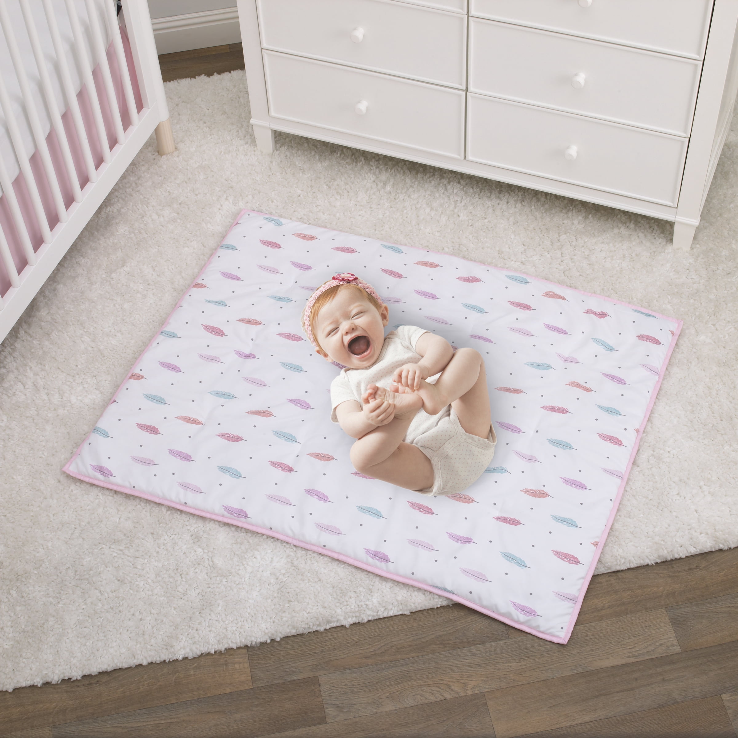 Little Love by NoJo Feathers Girl 3 Piece Crib Bedding Set - Comforter, Fitted Crib Sheet, Dust Ruffle - Pink, Lavender, Aqua and Orange Feathers