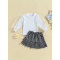 thumbnail image 3 of Kids Girl Fall Outfits Sequins Stars Moon Mesh Puff Sleeve Rib Knit Tops Elastic Waist Pleated Plaid Skirts 2Pcs Clothes Set, 3 of 9