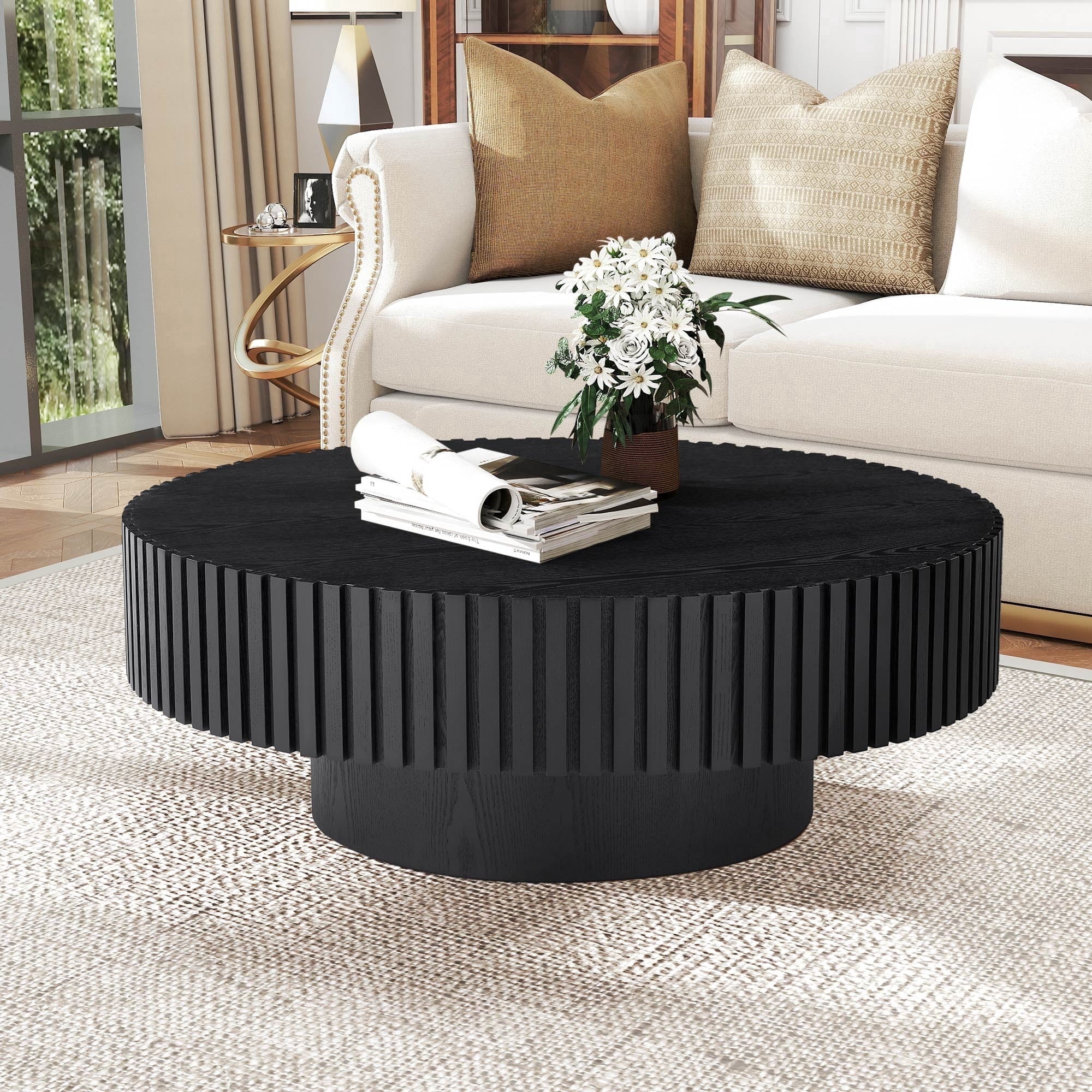 Muumblus 31.5" Round Wood Coffee Table, Modern Unique Fluted Accent Center Table for Living Room, Black