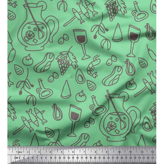 Soimoi Green Silk Fabric Grapes,Glass & Jug Hand Drawn Print Fabric by the Yard 42 Inch Wide