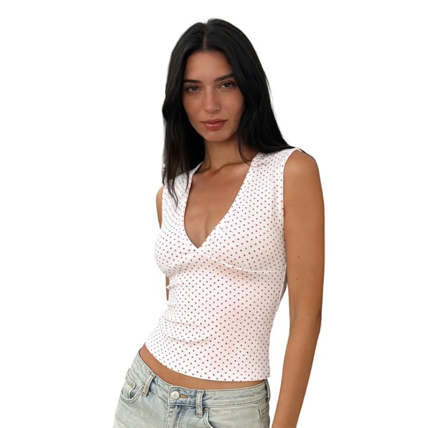 Camisetas sin mangas de verano para mujer, con estampado de lunares a la moda o color liso, corte ajustado, escote en V profundo, ideales para salir.